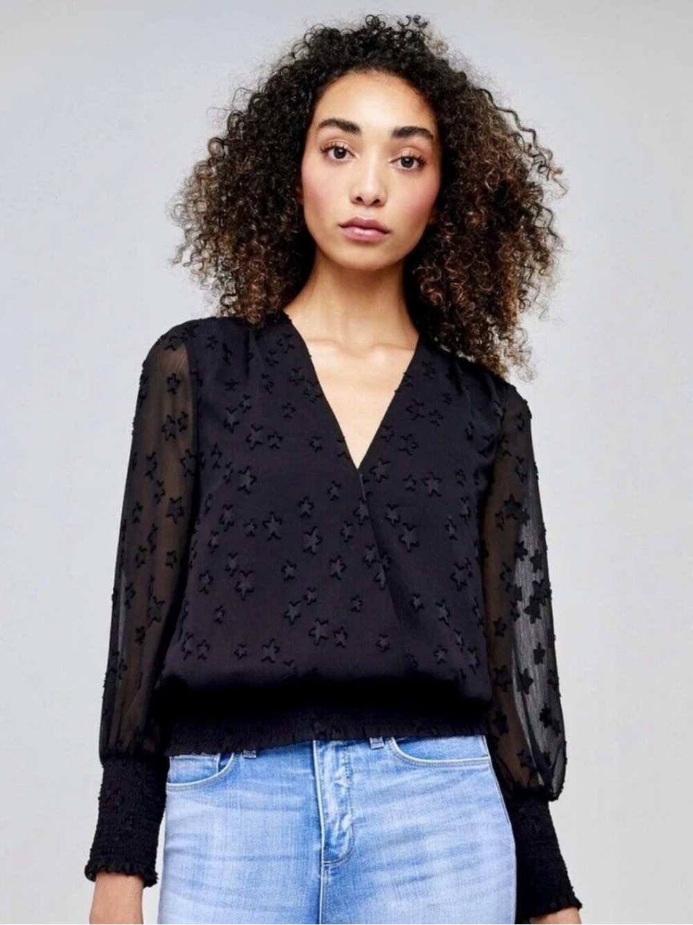 NWT L’AGENCE Dulce Star Cross Front Blouse Black Sheer Long Sleeve XS ⭐